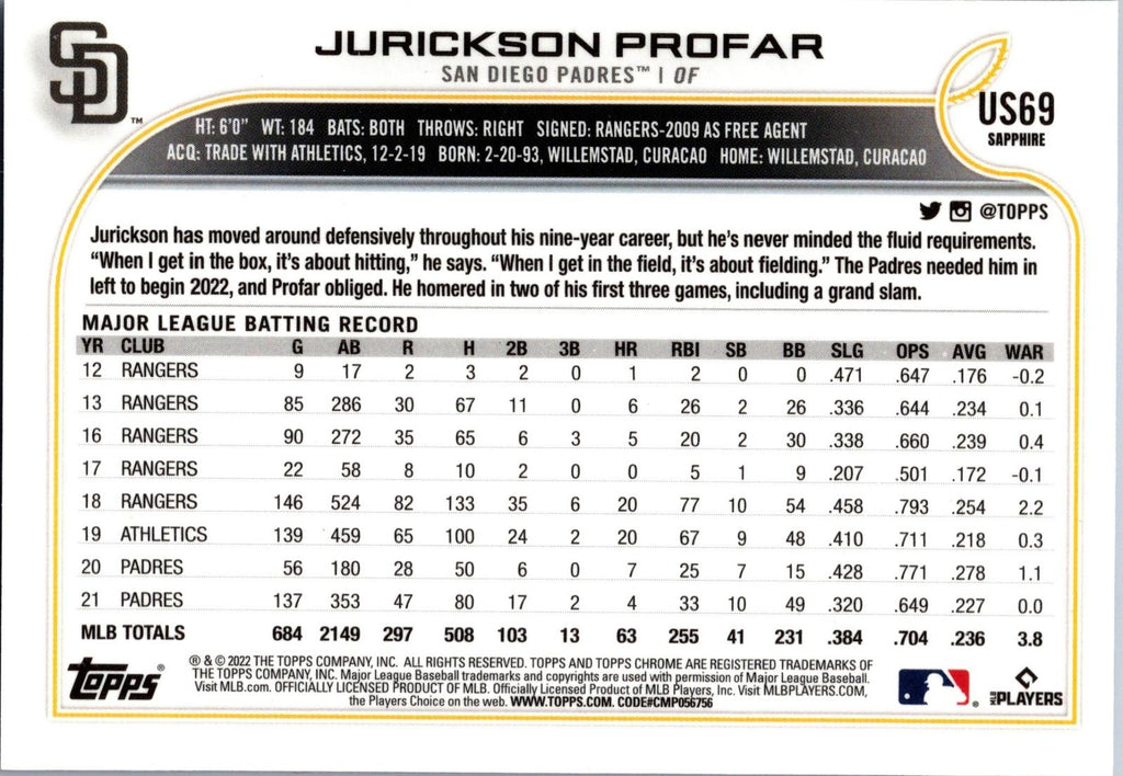 2022 Topps Chrome Update Sapphire Edition #US69 Jurickson Profar