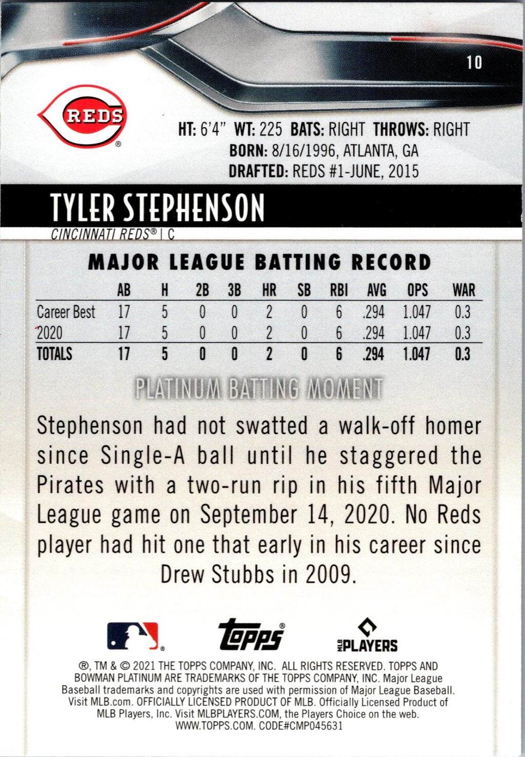 2021 Bowman Platinum #10 Tyler Stephenson