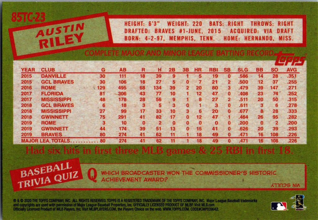 2020 Topps Chrome #85TC-23 Austin Riley 1985 Topps Baseball 35th Anniversary