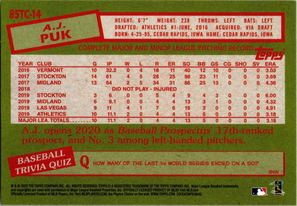 2020 Topps Chrome #85TC-14 A.J. Puk 1985 Topps Baseball 35th Anniversary