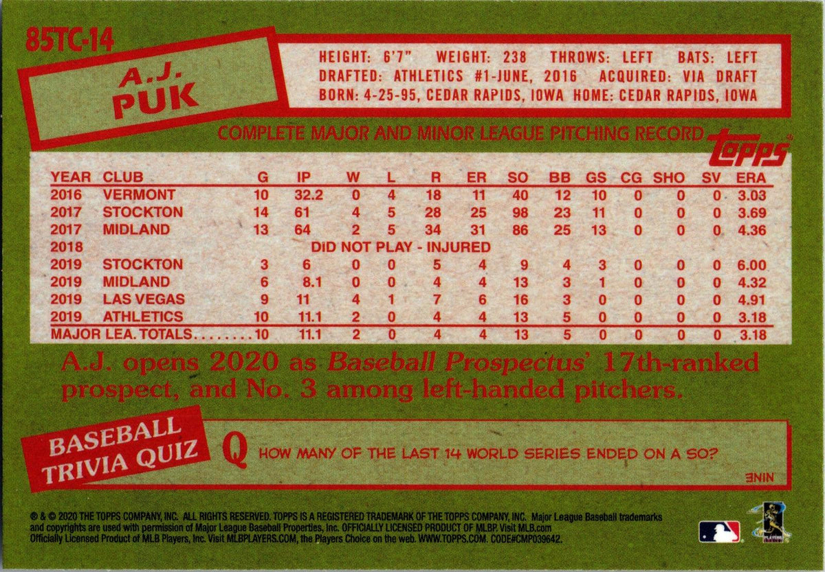2020 Topps Chrome #85TC-14 A.J. Puk 1985 Topps Baseball 35th Anniversary