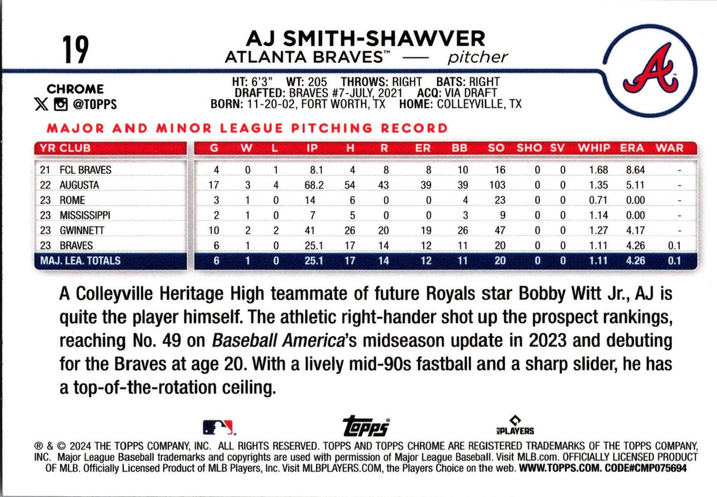 2024 Topps Chrome #19 AJ Smith-Shawver Sepia Refractor