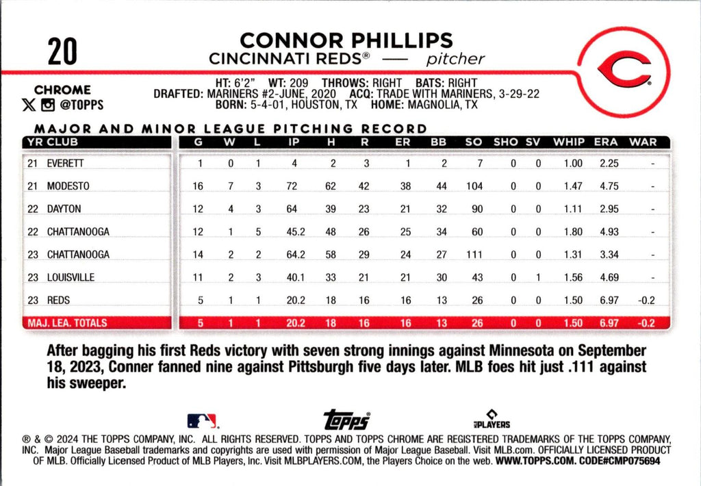 2024 Topps Chrome #20 Connor Phillips Sepia Refractor