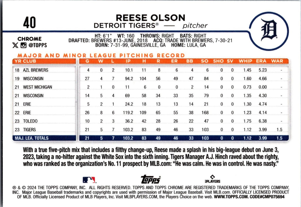 2024 Topps Chrome #40 Reese Olson Sepia Refractor