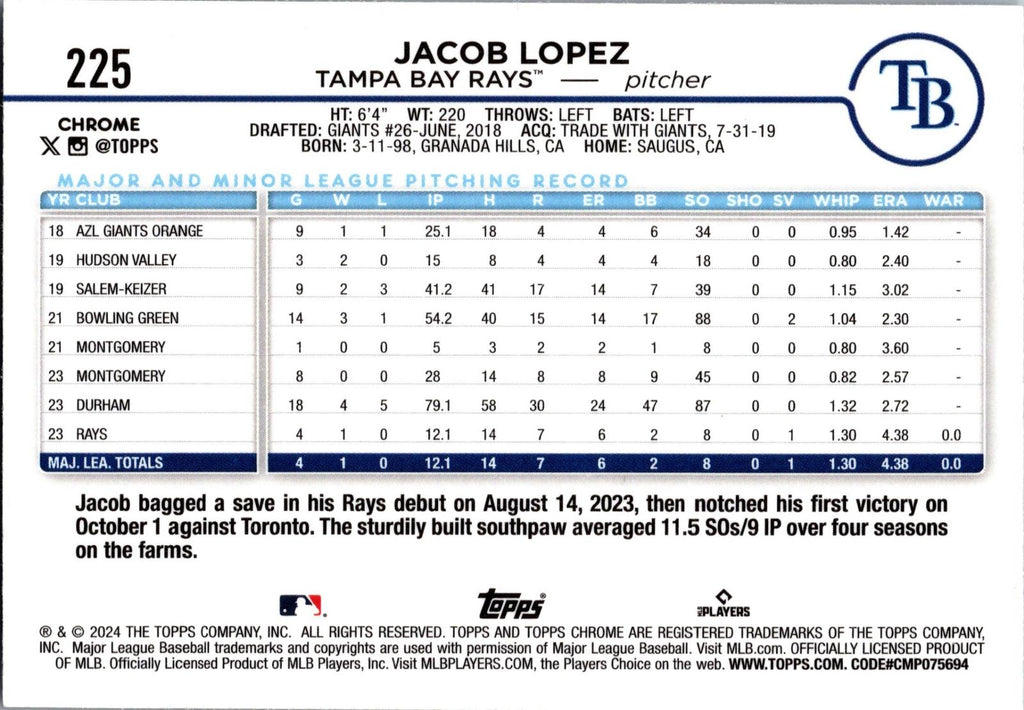 2024 Topps Chrome #225 Jacob Lopez Sepia Refractor