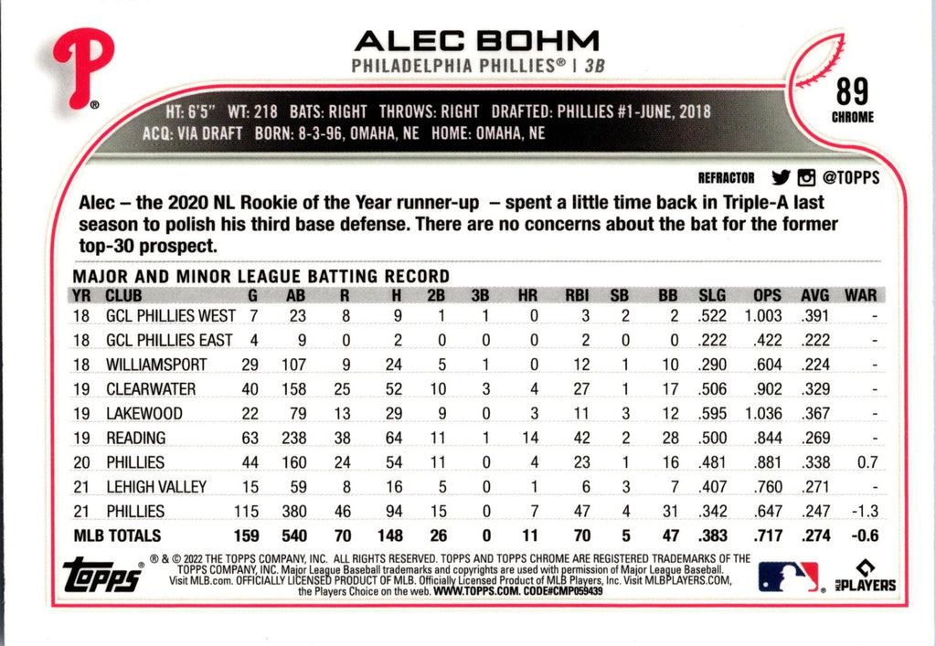 2021 Stadium Club #112 Alec Bohm Chrome Refractor