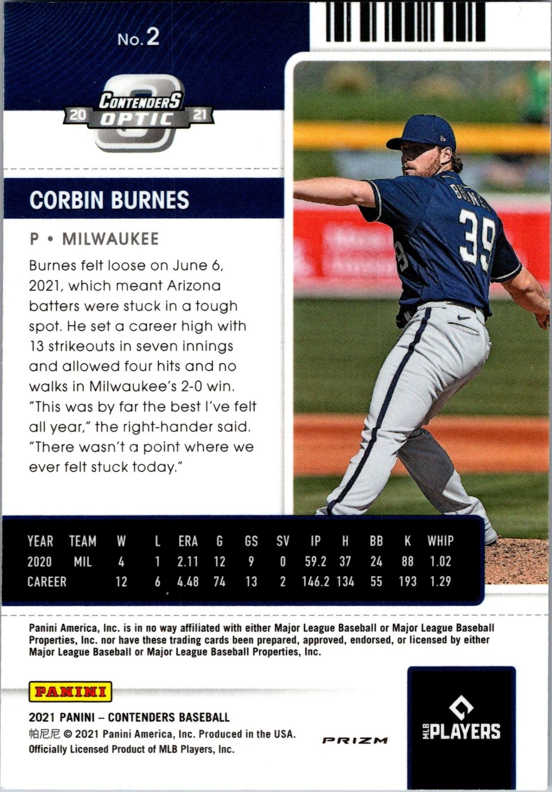 2021 Panini Contenders #2 Corbin Burnes Optic Red