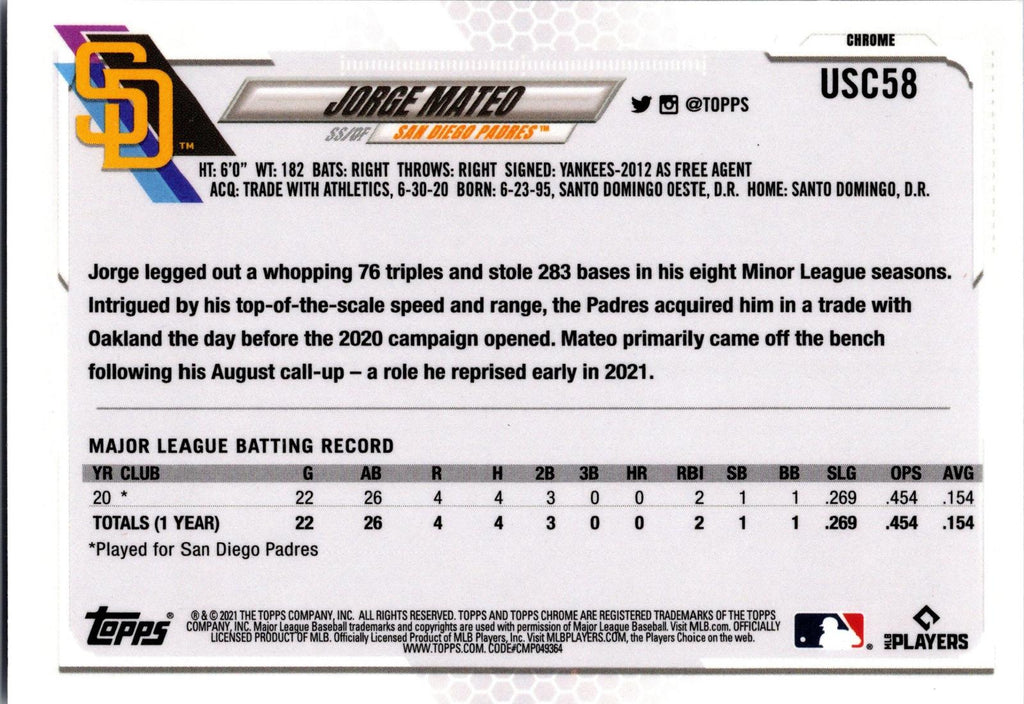 2021 Topps Chrome Update #USC58 Jorge Mateo Purple Refractor