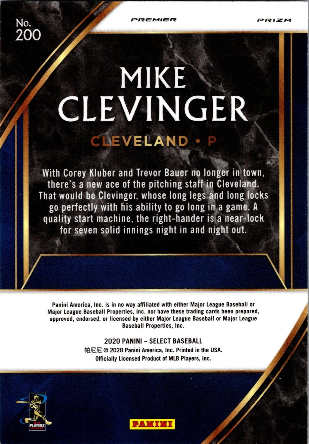 2020 Panini Select #200 Mike Clevinger Tri-Color