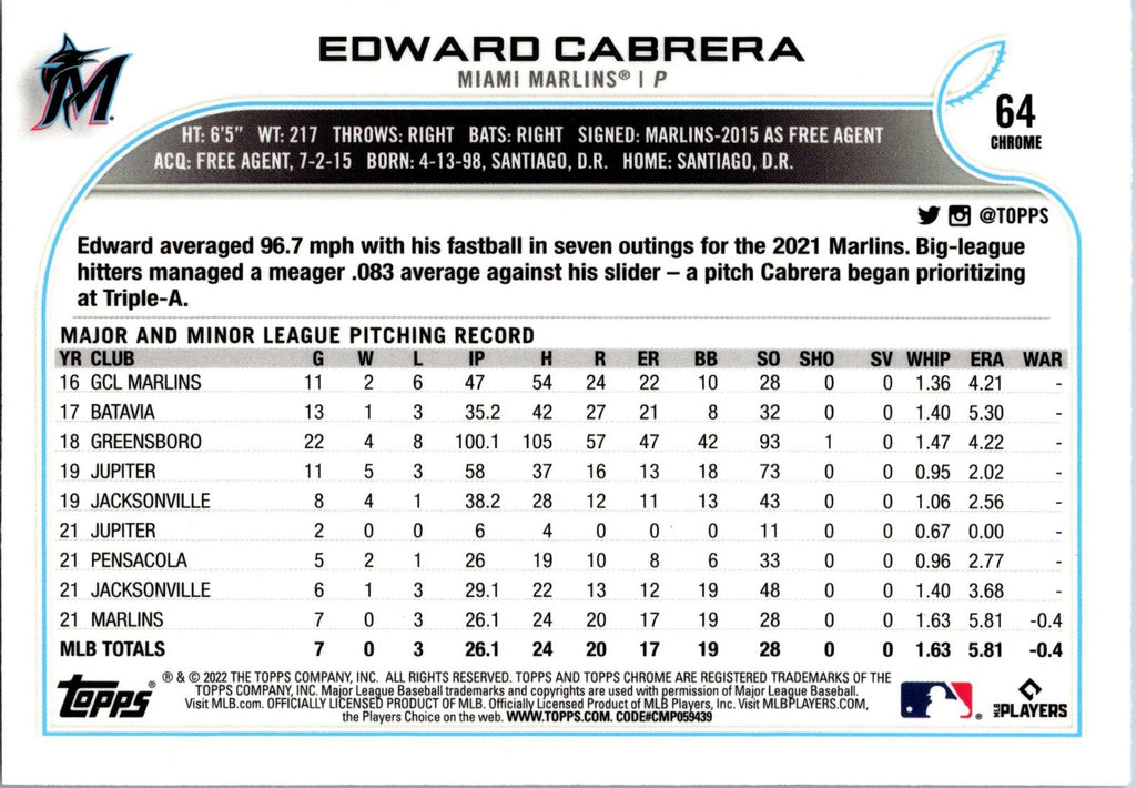 2022 Topps Chrome Sonic #64 Edward Cabrera
