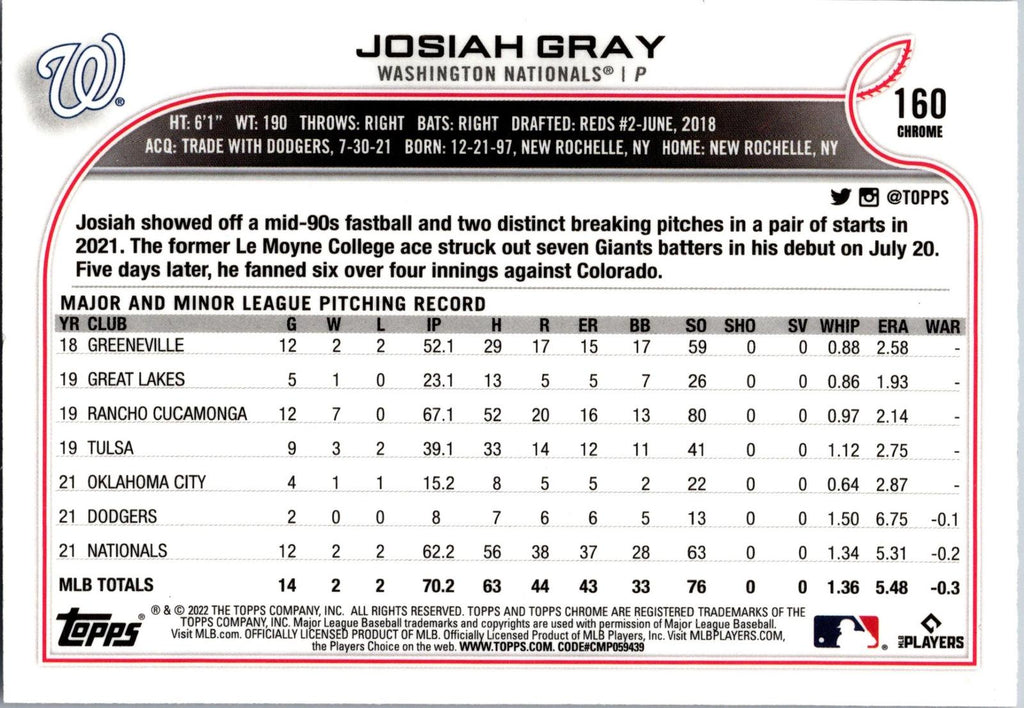 2022 Topps Chrome Sonic #160 Josiah Gray