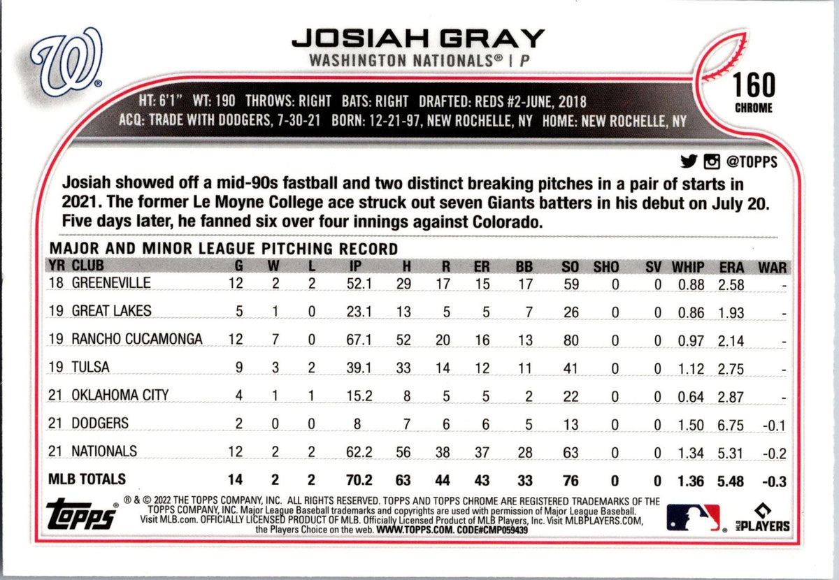 2022 Topps Chrome Sonic #160 Josiah Gray