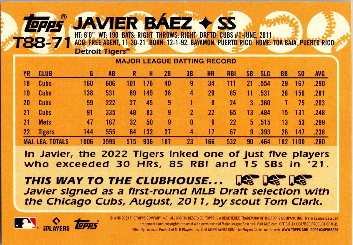 2023 Topps #T88-71 Javier Baez 1988 Topps Baseball 35th Anniversary (Series One)