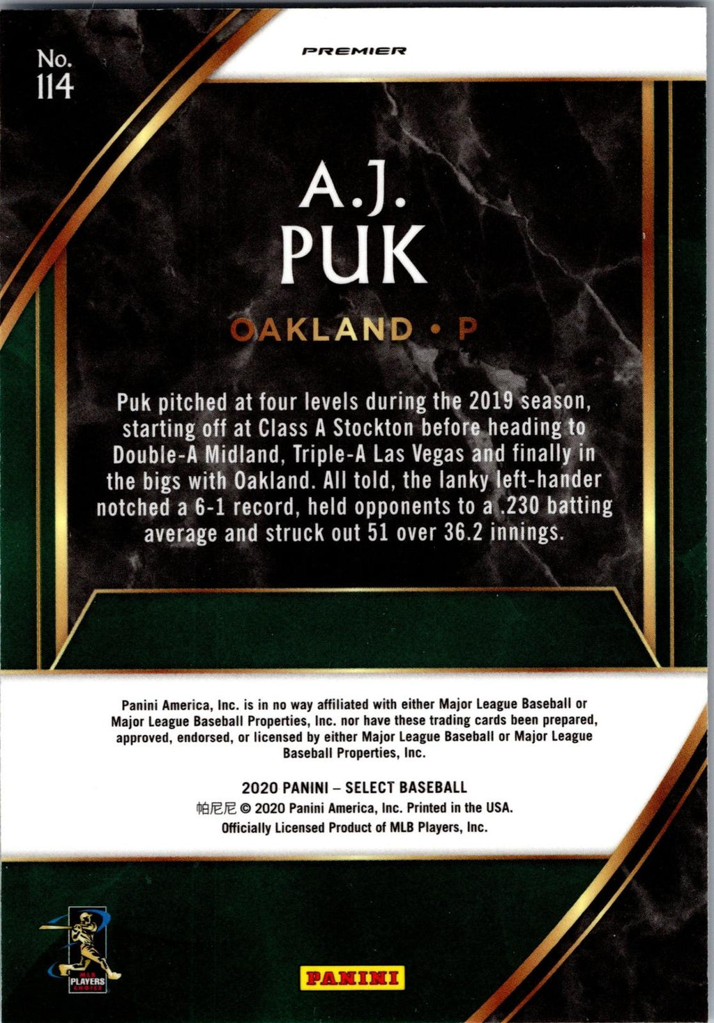 2020 Panini Select #114 A.J. Puk