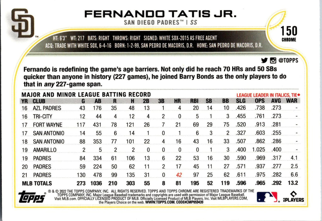 2022 Topps Chrome Sonic #150 Fernando Tatis Jr.