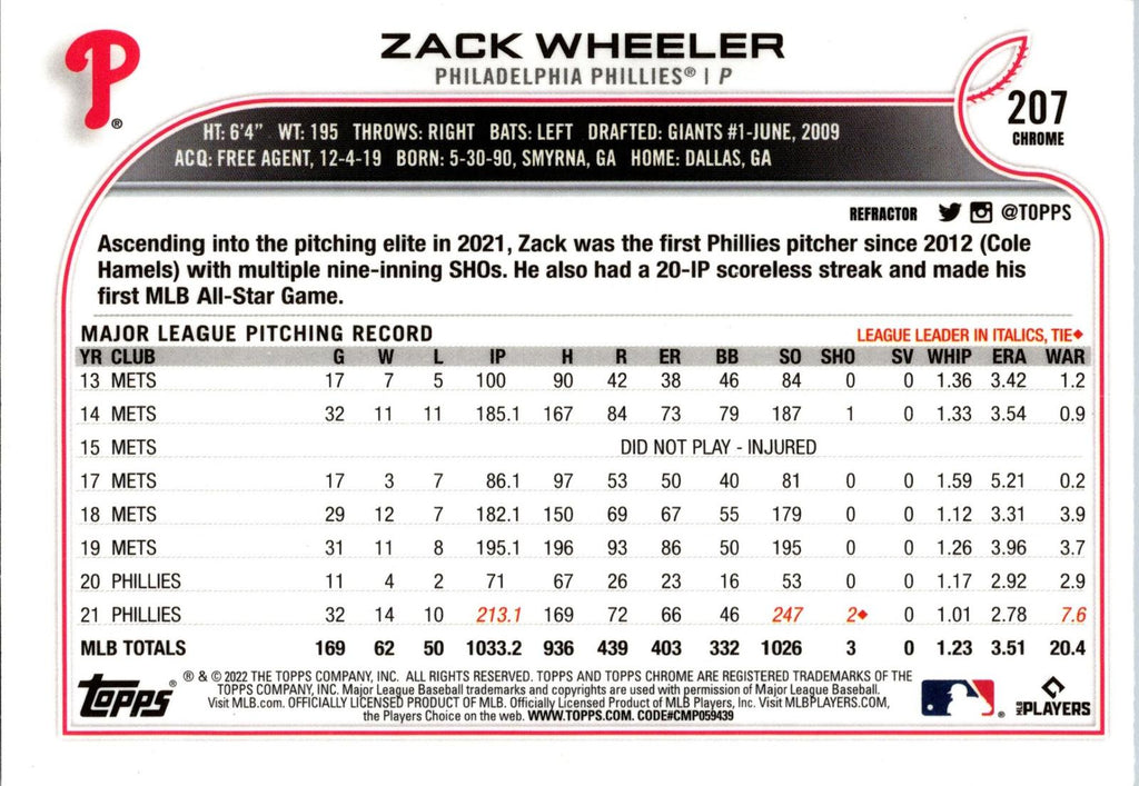 2022 Topps Chrome #207 Zack Wheeler