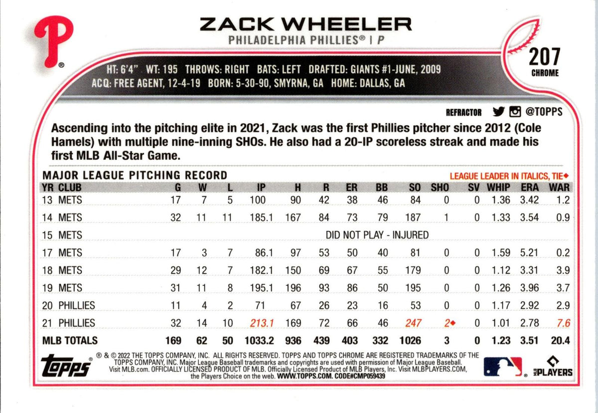 2022 Topps Chrome #207 Zack Wheeler