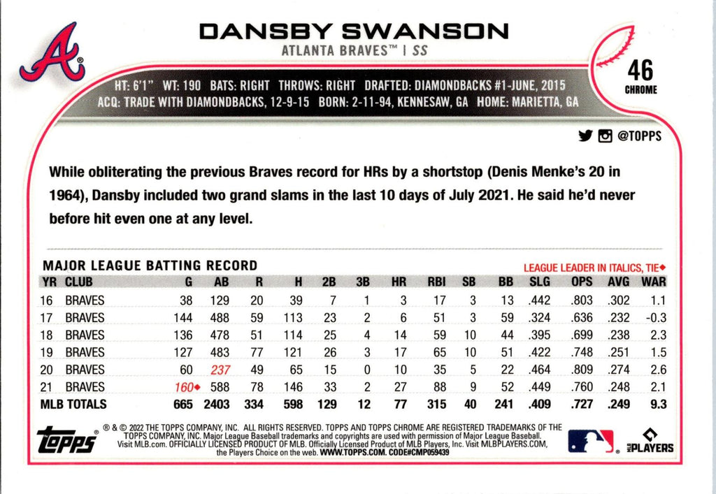 2022 Topps Chrome Sonic #46 Dansby Swanson