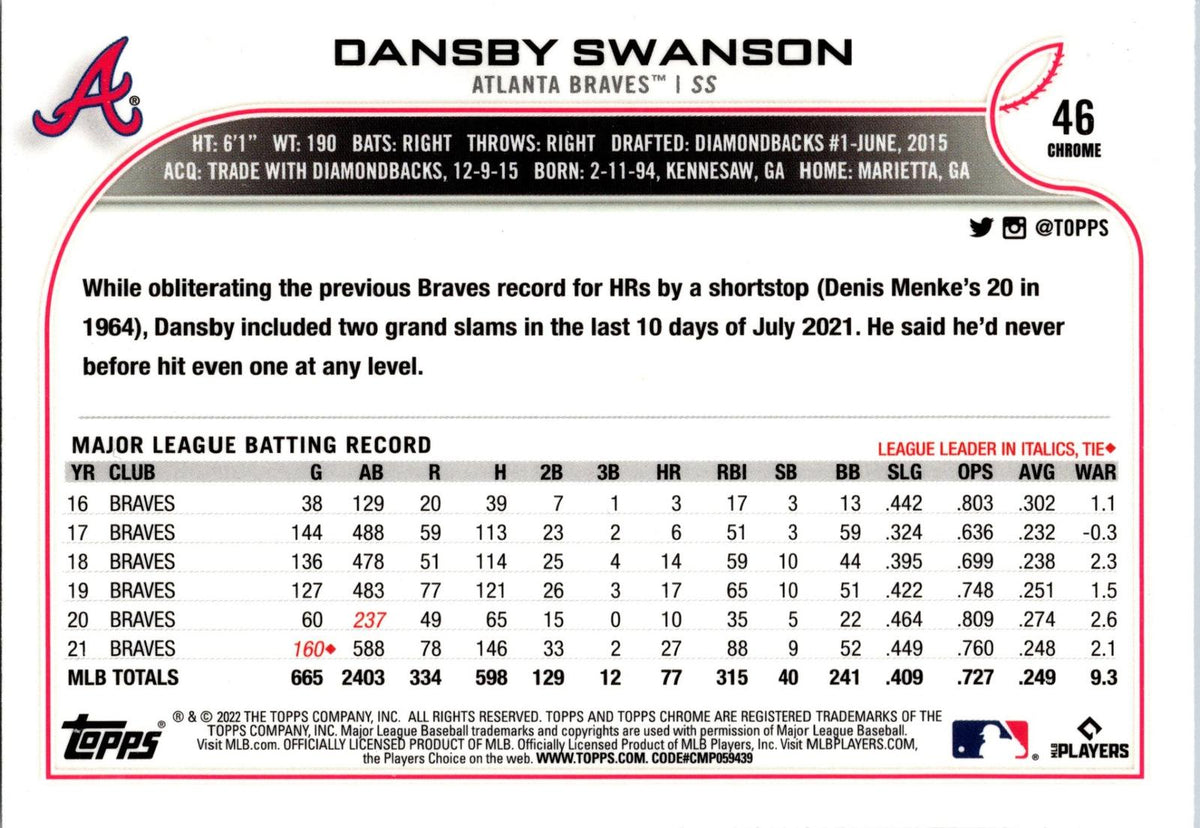 2022 Topps Chrome Sonic #46 Dansby Swanson