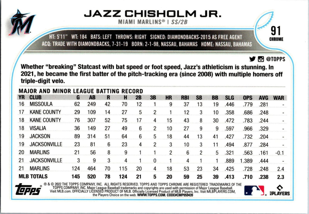 2022 Topps Chrome #91 Jazz Chisholm Jr.