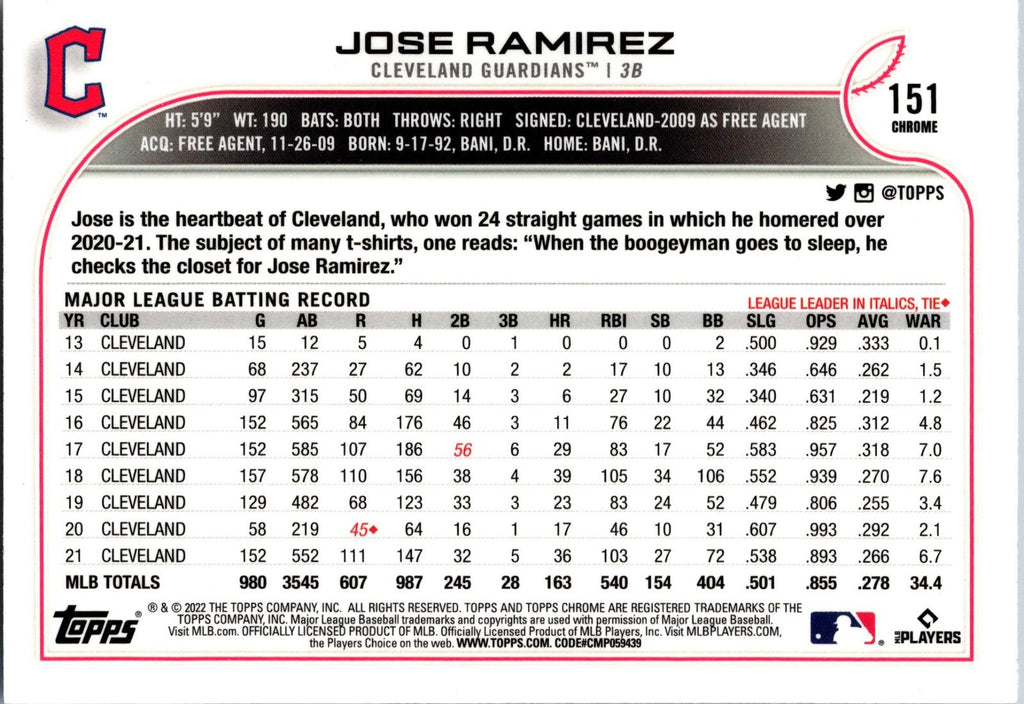 2022 Topps Chrome #151 Jose Ramirez
