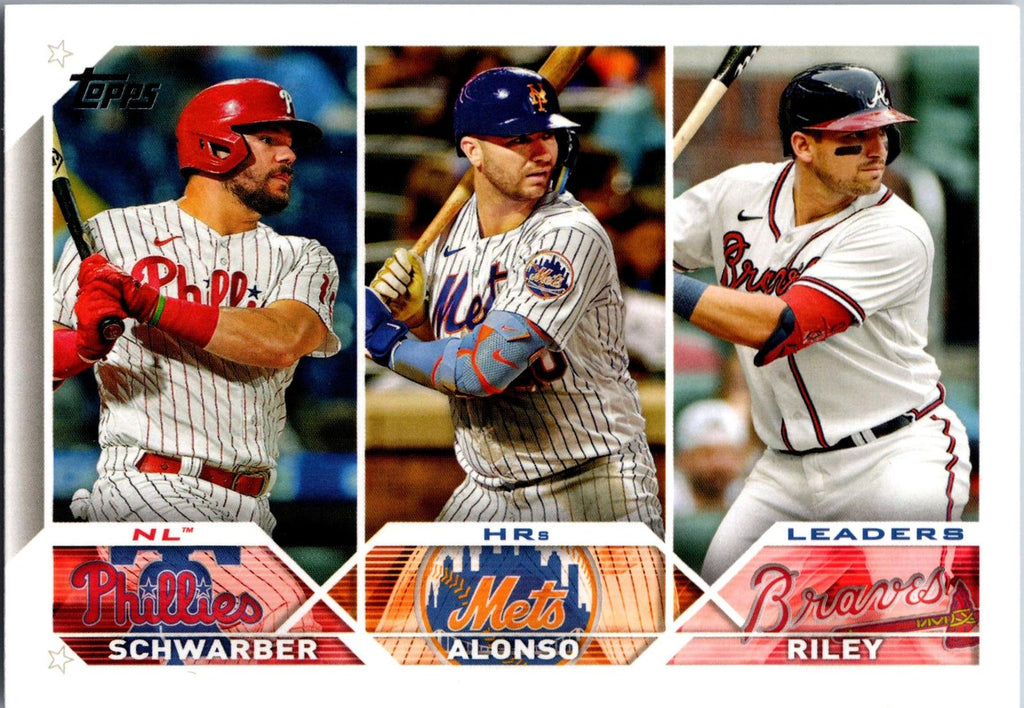 2023 Topps #178 NL HRs Leaders (Kyle Schwarber / Pete Alonso / Austin Riley)
