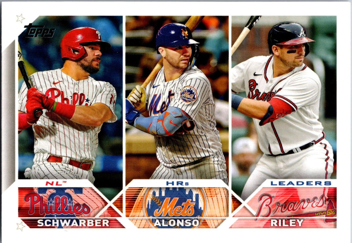 2023 Topps #178 NL HRs Leaders (Kyle Schwarber / Pete Alonso / Austin Riley)