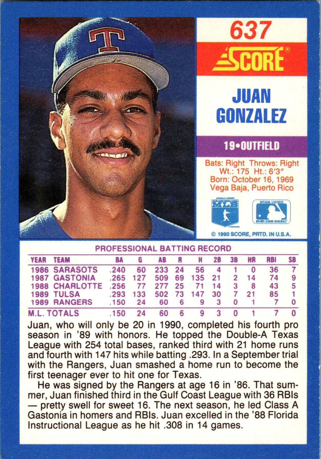 1990 Score #637 Juan Gonzalez