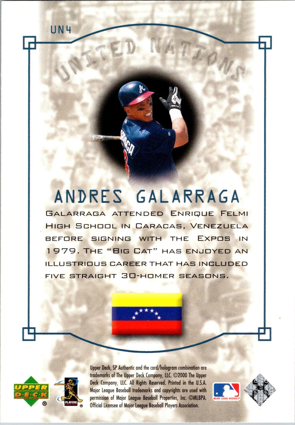 2000 SP Authentic #UN4 Andres Galarraga United Nations