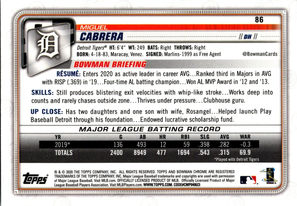 2020 Bowman Chrome #86 Miguel Cabrera