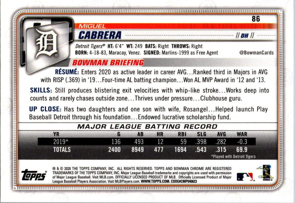 2020 Bowman Chrome #86 Miguel Cabrera