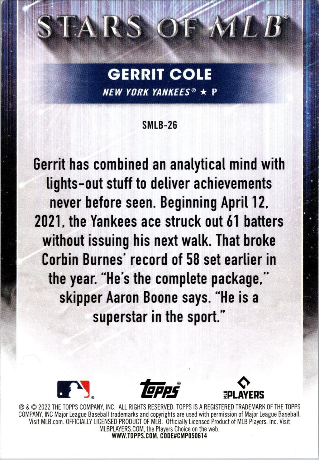 2022 Topps #SMLB-26 Gerrit Cole Stars of MLB