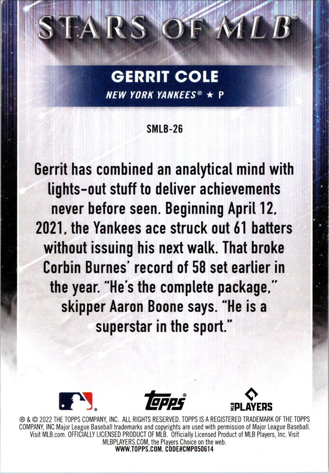 2022 Topps #SMLB-26 Gerrit Cole Stars of MLB