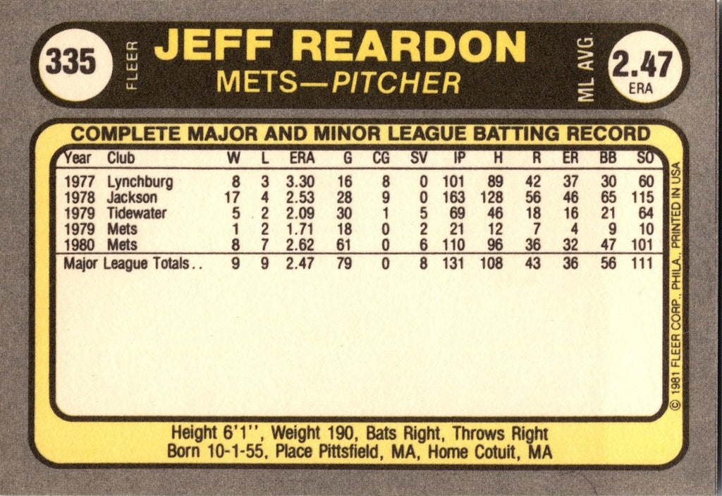 1981 Fleer #335 Jeff Reardon