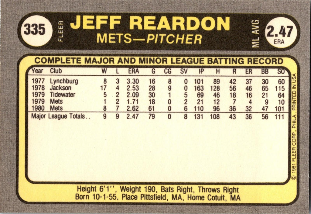 1981 Fleer #335 Jeff Reardon