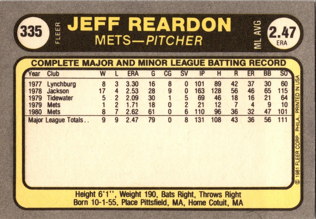 1981 Fleer #335 Jeff Reardon