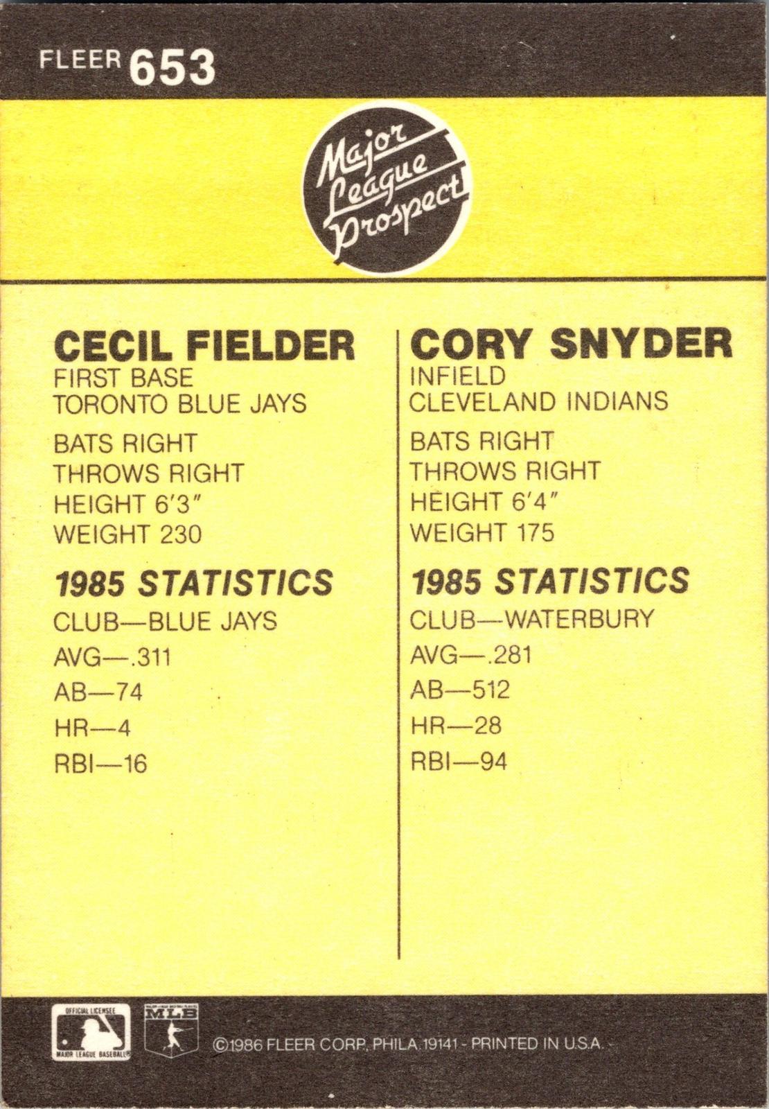 1986 Fleer #653 Cecil Fielder / Cory Snyder
