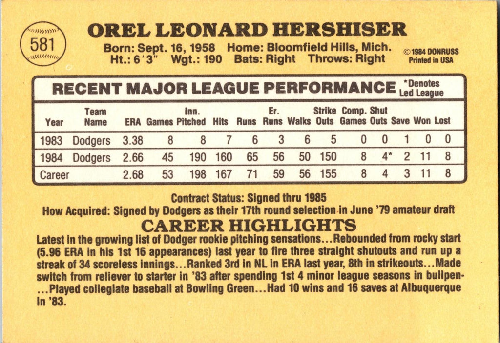 1985 Donruss #581 Orel Hershiser