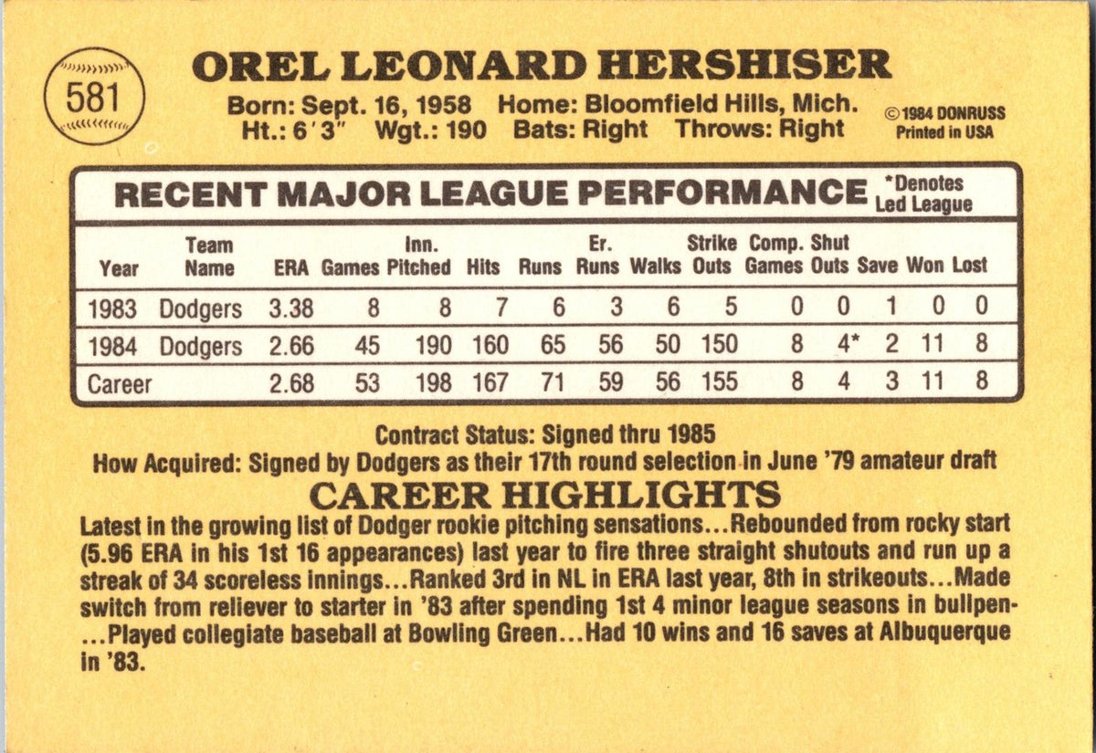 1985 Donruss #581 Orel Hershiser