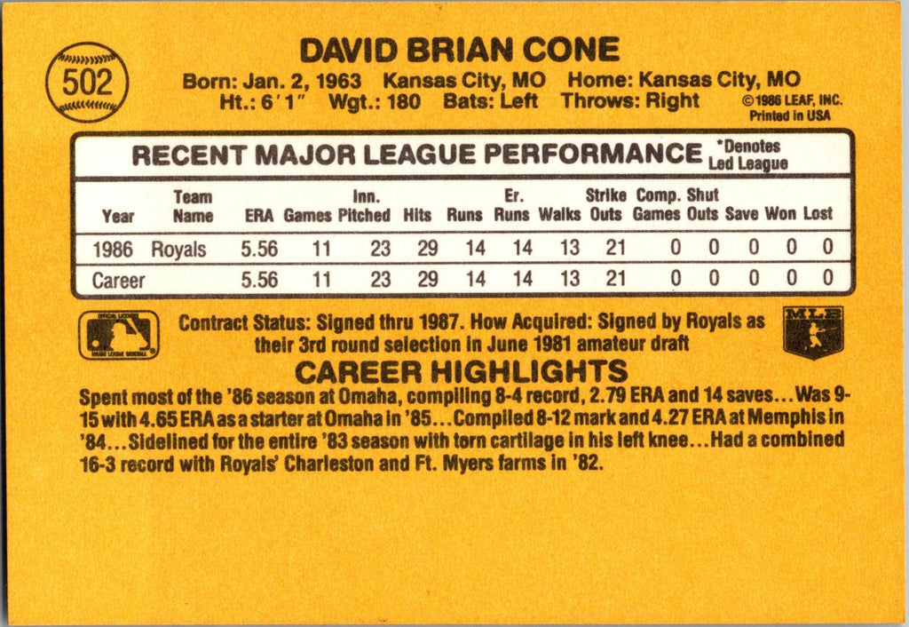 1987 Donruss #502 David Cone