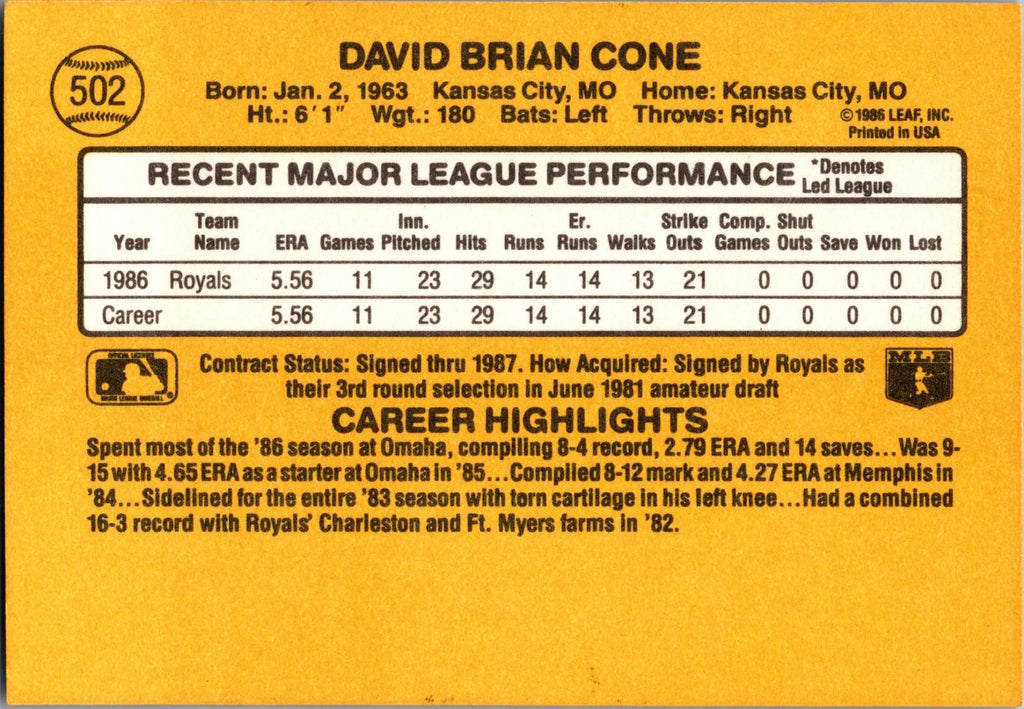 1987 Donruss #502 David Cone