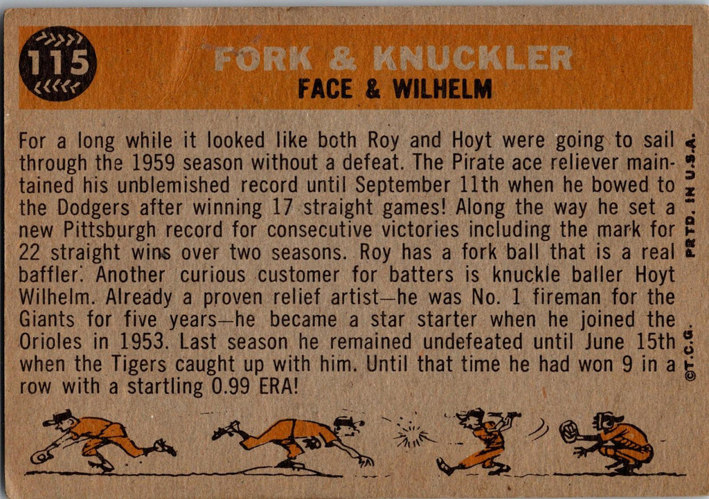 1960 Topps #115 Fork &amp; Knuckler (Roy Face / Hoyt Wilhelm)