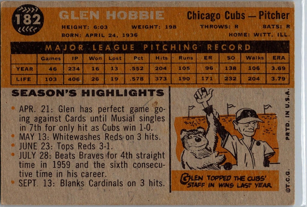 1960 Topps #182 Glen Hobbie