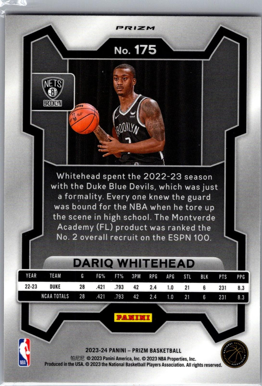 2023-24 Panini Prizm #175 Dariq Whitehead Prizm Red Ice