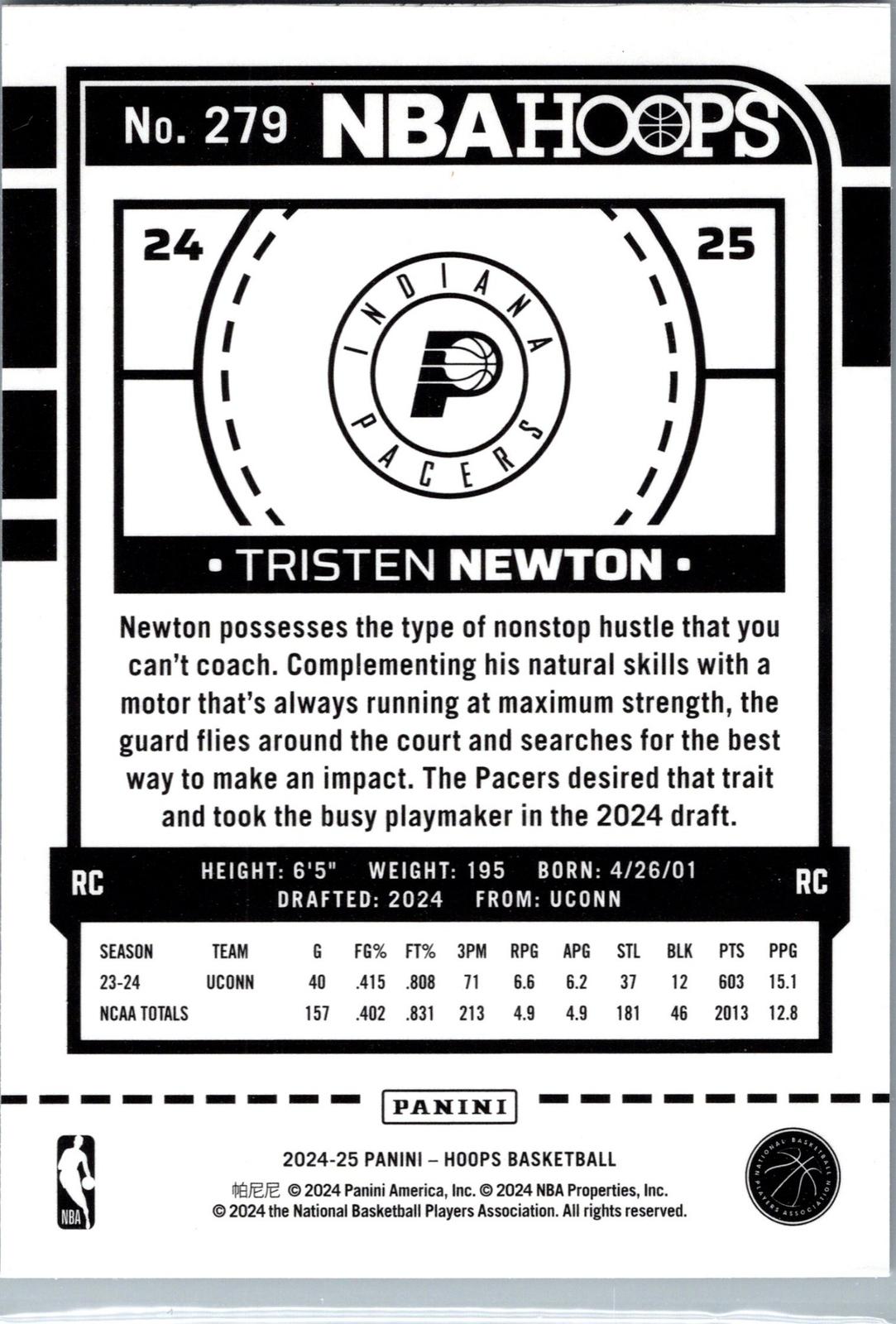 2024-25 Hoops #279 Tristen Newton Premium Prizm Silver