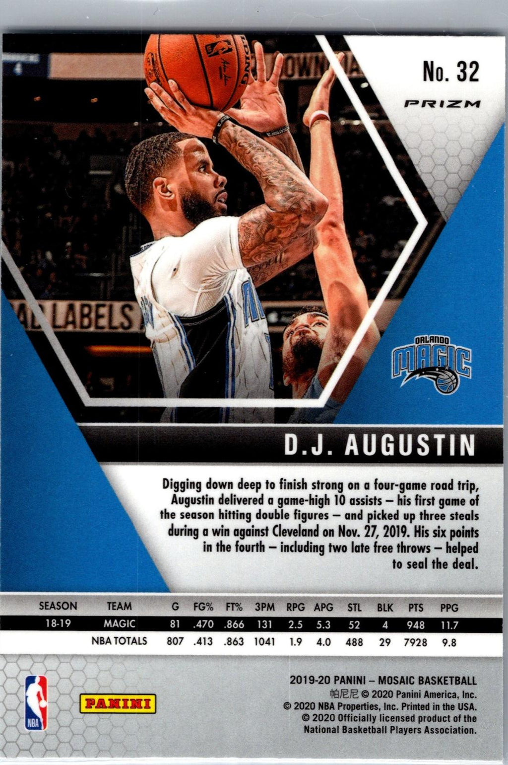 2019-20 MOSAIC FAST BREAK SILVER DISCO PRIZM #32 D.J. AUGUSTIN