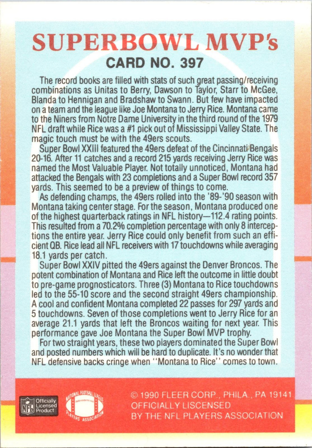 1990 Fleer #397 Superbowl MVP`s (Jerry Rice / Joe Montana)