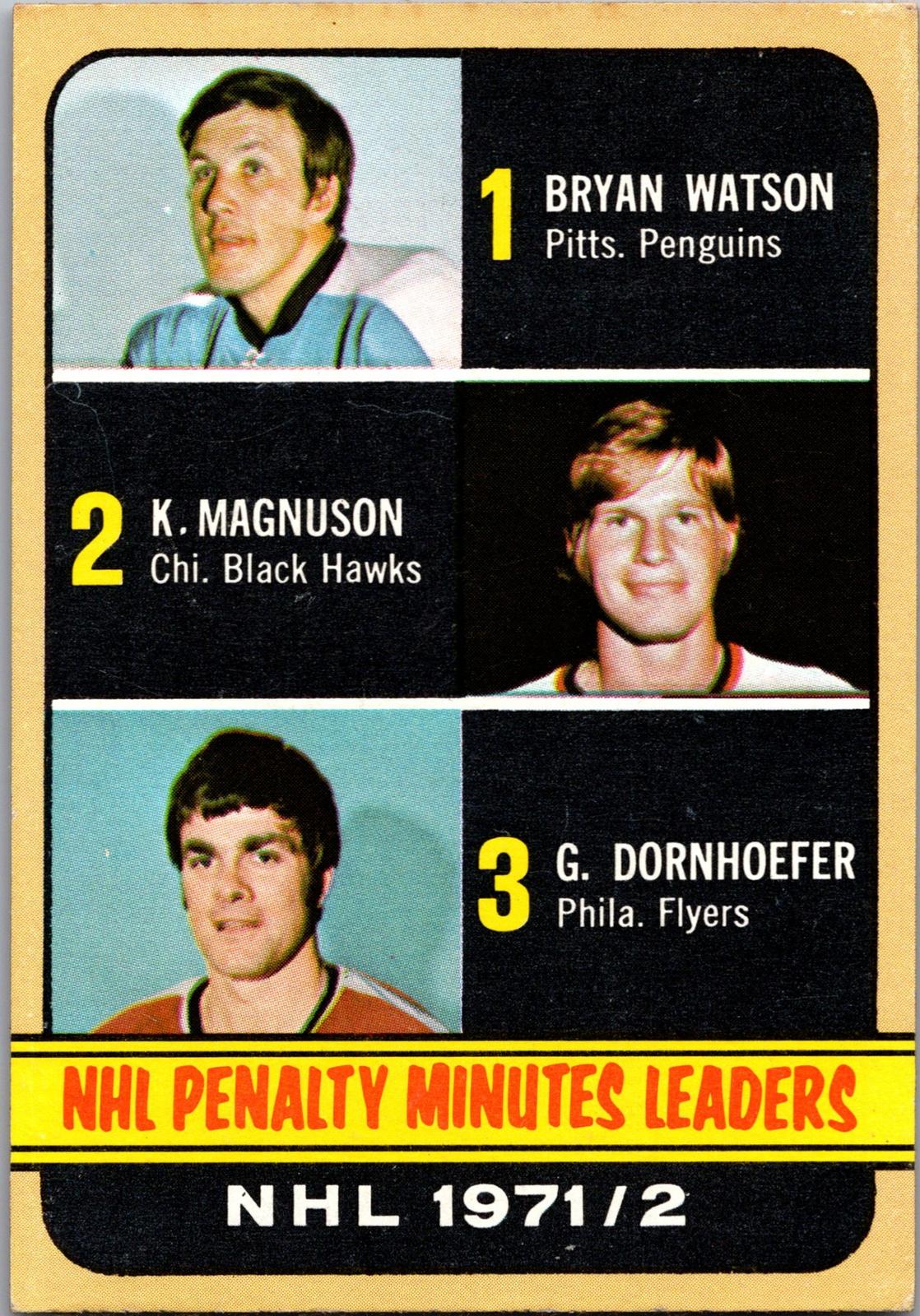 1972-73 Topps #65 NHL Penalty Minutes Leaders (Watson /Magnuson /Dornhoefer)