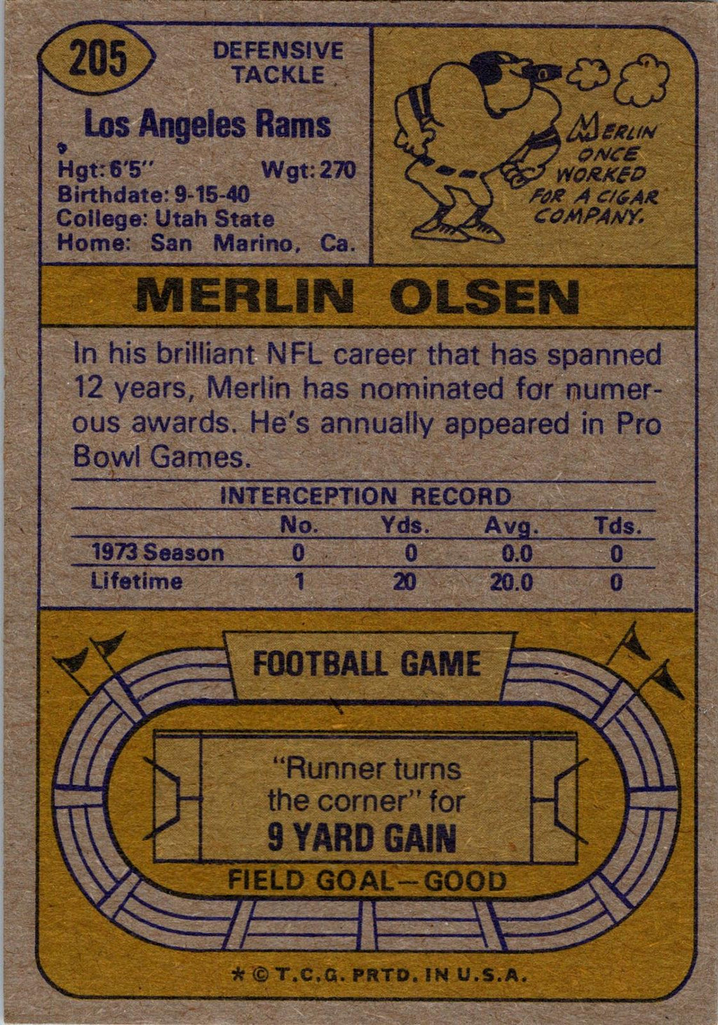 1974 Topps #205 Merlin Olsen