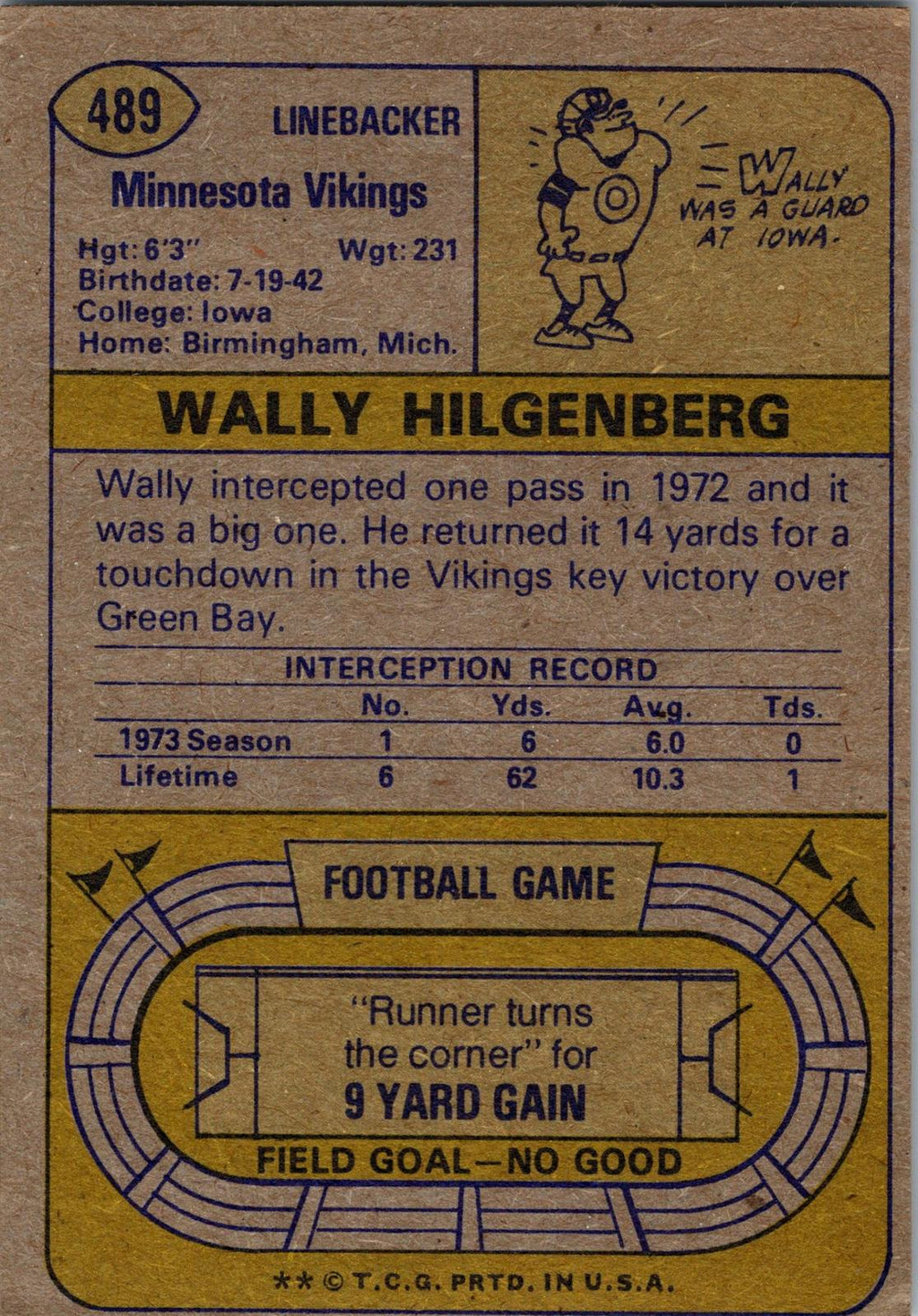 1974 Topps #489 Wally Hilgenberg